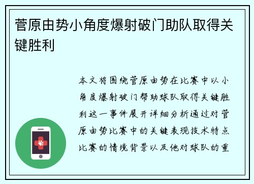 菅原由势小角度爆射破门助队取得关键胜利