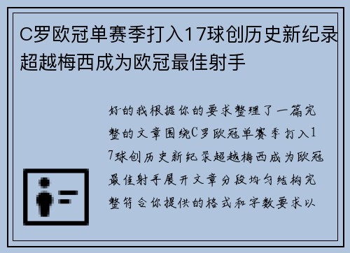 C罗欧冠单赛季打入17球创历史新纪录超越梅西成为欧冠最佳射手 C罗欧冠单赛季打入17球创历史新纪录超越梅西成为欧冠最佳射手